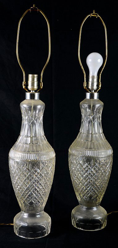 Pr. Waterford Crystal Tramore pattern table lamps: Excellent condition, no shades. We have spend quite a bit of time searching for a waterford mark on these lamps and could not find one. These may be factory seconds or imperfect, as a few small bubble