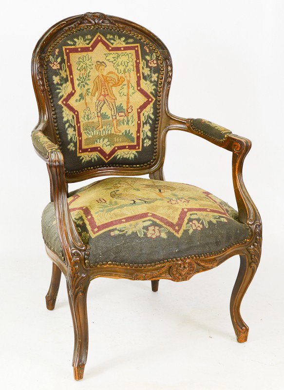 19th Century Carved Needlepoint French Arm chair: shows dust and age, overall very solid. cleaning recommended. 35" T x 24" W x 22" D