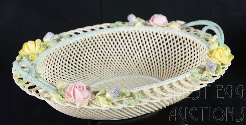 Fine and Rare Irish Belleek Fermanagh Basket: Beautiful and delicate open work painted porcelain piece. 12" x 9.5" appears to be in excellent condition free from damage or repairs.