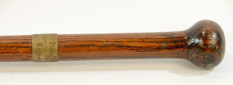19th C. Historical Presentation Cane: Piece of East Hartford CT Old Bridge which burned May 17th 1895, Presented Feb 1900 to Honorable George P. McLean. 34" uniform and original patina, tip missing.