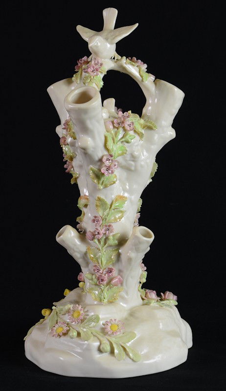 Belleek porcelain Bird's Nest Stump Vase, painted: only very minor losses to flowers, overall excellent, 12.5" tall