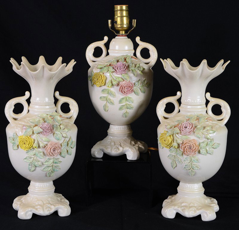 Three piece Belleek Porcelain Rose Isle set.:  includes: table lamp and pair of 13” vases. sixth mark of 1965-1980. painted. condition very good.