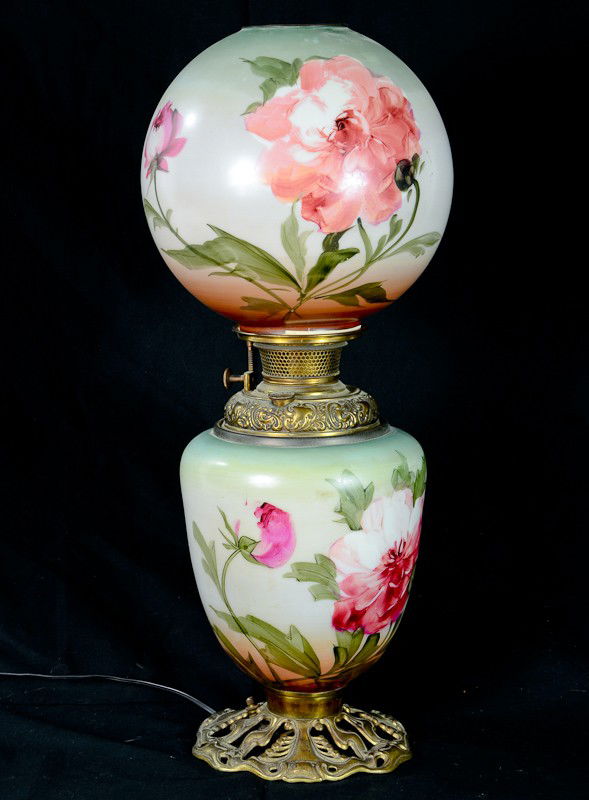 Bradley & Hubbard Gone with the Wind Style Lamp: Hand painted base and globe, cap signed B&H, electrified, stands 24" Tall