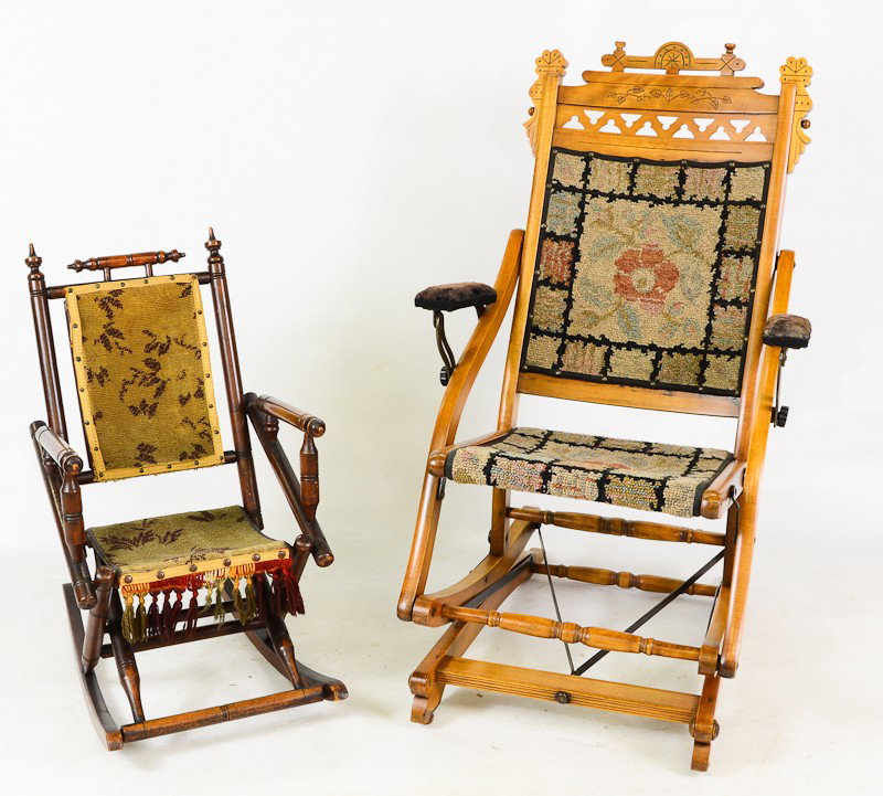 Two Eastlake Victorian Folding rocking chairs: each refinished and restored, one Mothers nursing chair, and one Childs chair.