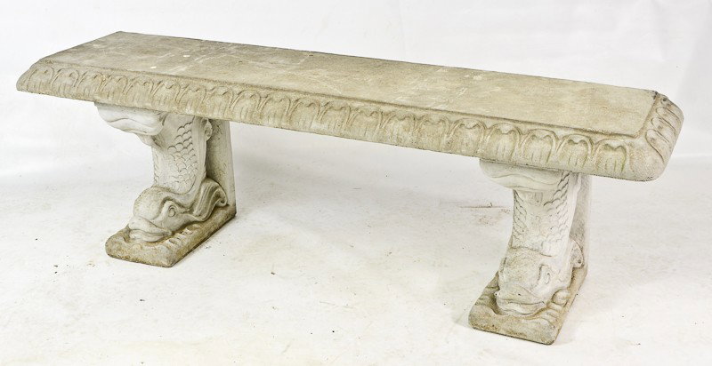 Reproduction Henri Studio Concrete Garden Bench: 52" W x 16" D x 18" tall, in 3 pieces