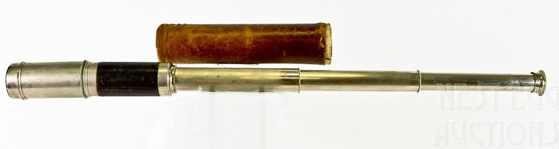 Gall & Lembke Four Draw Telescope: Signed Gall & Lembke New York. total length 20", one tube appears to be cross threaded, cap missing optics clear but require proper cleaning, leather case present, (end missing)