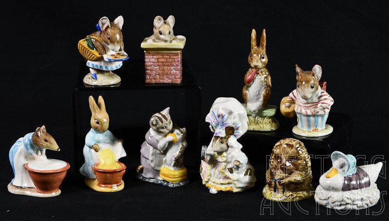 10 Beatrix Potter Beswick porcelain figurines: All figures in excellent condition dates range from 1950's to 1970's. includes: Mrs. Titmouse, Aplley Dapply, Fierce Bad Rabbit, Old Mr. Priklepin, Tabitha Twitchit and Miss Moppet, Anna Maria
