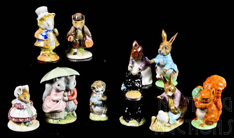 10 Beatrix Potter Beswick porcelain figurines: All in excellent condition, dates range from 1940's through 1980's. includes: Goody & Timmy Tiptoes, Mr. Benjamin Bunny and Peter rabbit, Squirrel Nutkin, The old woman who lived in a shoe
