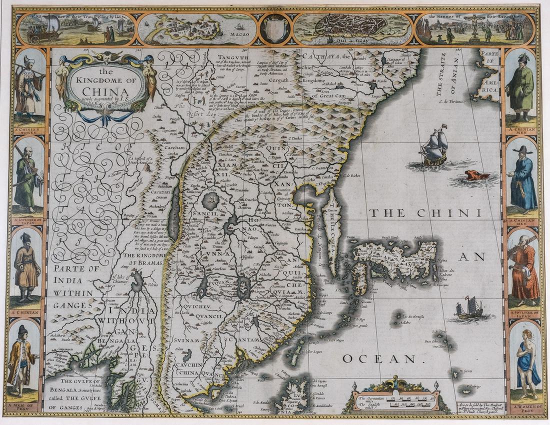 John Senex, "The Kingdom of China": Hand colored 18th century map "newly augmented" by British cartographer John Senex (1678 - 1740). Originally sold by London merchants Thomas Bassett in Fleet Street and Richard Chiswell in St. Paul's