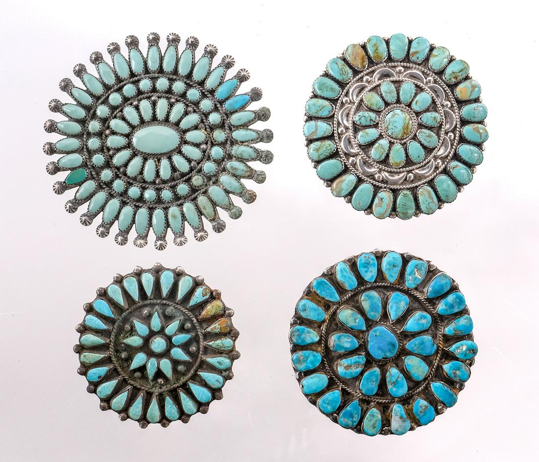 4 Native American Sterling & Turquoise Pins (1 of 6)