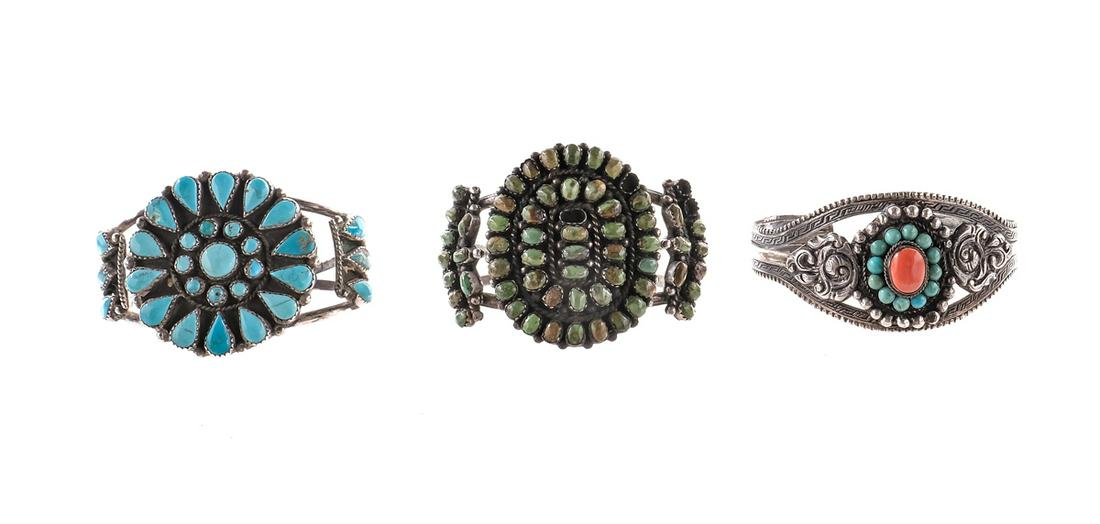 3 Native American Silver & Turquoise Cluster Cuffs (1 of 5)