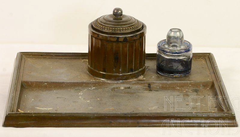 Disko Metal Desk Tray & Inkwell Just Andersen: This piece measures approximately 7.75" x 10.75". The attached inkwell measures approximately 3" x 2.25"