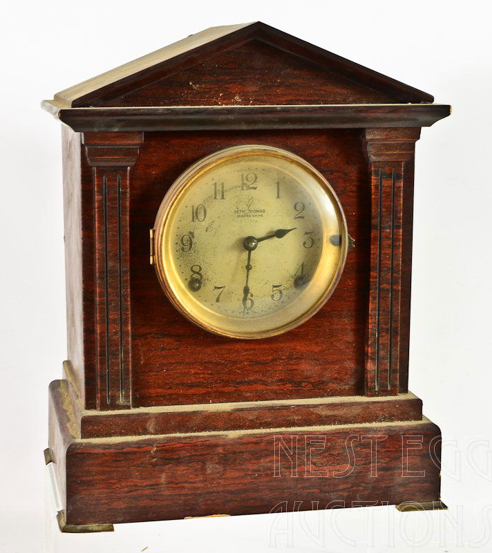 Seth Thomas Sonora Chime Mantle Clock: Appears to be all original, overall very good condition. Not tested, dusty. 14" x 11" x 8"