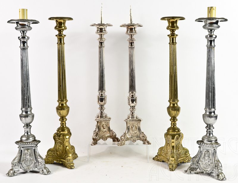 Three pair of Cast metal Church Torchieres: Cast Metal, Brass / Nickel Plated First half of the 20th Century, all in excellent condition, Catholic, North America, likely French Canadian, Each Pair approximately 24" Tall