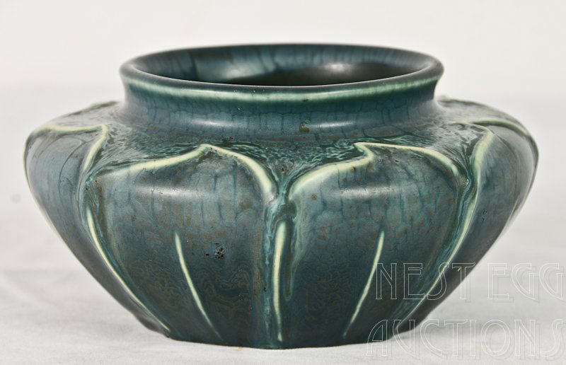 Hampshire Pottery Matte Green Squat / Low Vase: Hampshire Pottery Vase, Keene, New Hampshire, early 20th C. matte blue-green glaze, with modeled decoration of leaf blades impressed pottery mark and "M" numbered 132, 3" x 6" Exce