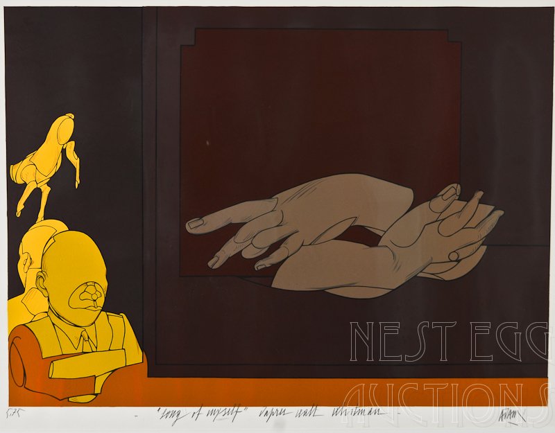 Mario Avati Mezzotint:  "Long of Myself" Vapres Walt Whitman, Signed LR, dated 5/75 LL, with Galerie Maeght Paris Paperwork afixed to back, Framed, not inspected out of the frame. overall measures: approx 38&