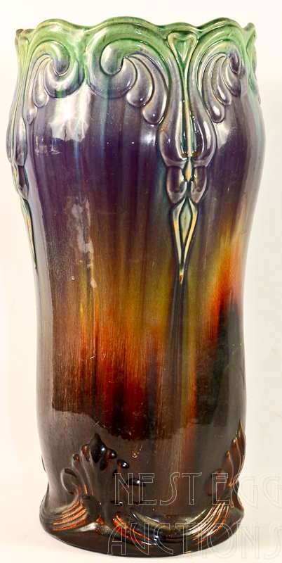 Art Nouveau Majolica pottery umbrella stand: 22" Tall x 12" Wide minor surface abrasions, but free from cracks or damage. estate fresh and will require cleaning