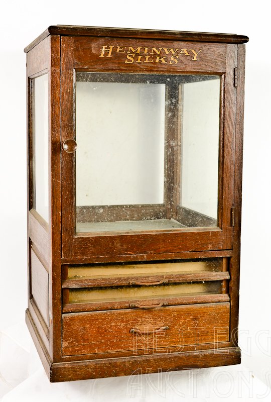 Heminway silks Oak and Glass Thread Spool Cabinet: Estate fresh and dusty! Original finish. 28" x 16" x 16" Drawers and cabinet empty,