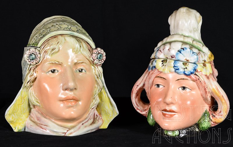Two Majolica Figural Female Head Tobaco Humidors: Both of great art nouveau style the first 7" Tall, marked WS&S (William Schiller & Sohn) marked 3339 (Horowitz pg 43 # 176) very minor rim and lid chips. The other: Marked 6548, 49 7.75&q