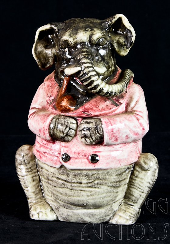 Majolica Figural Elephant Tobacco Humidor: 6.75" Tall, interior rim chips, otherwise good, impressed mark: 6021, 83