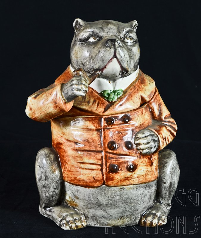 Majolica Figural Bull Dog pipe Tobacco Humidor: Excellent condition, free from cracks, chips, or damage. 8" Tall, impressed mark: 6118, 43