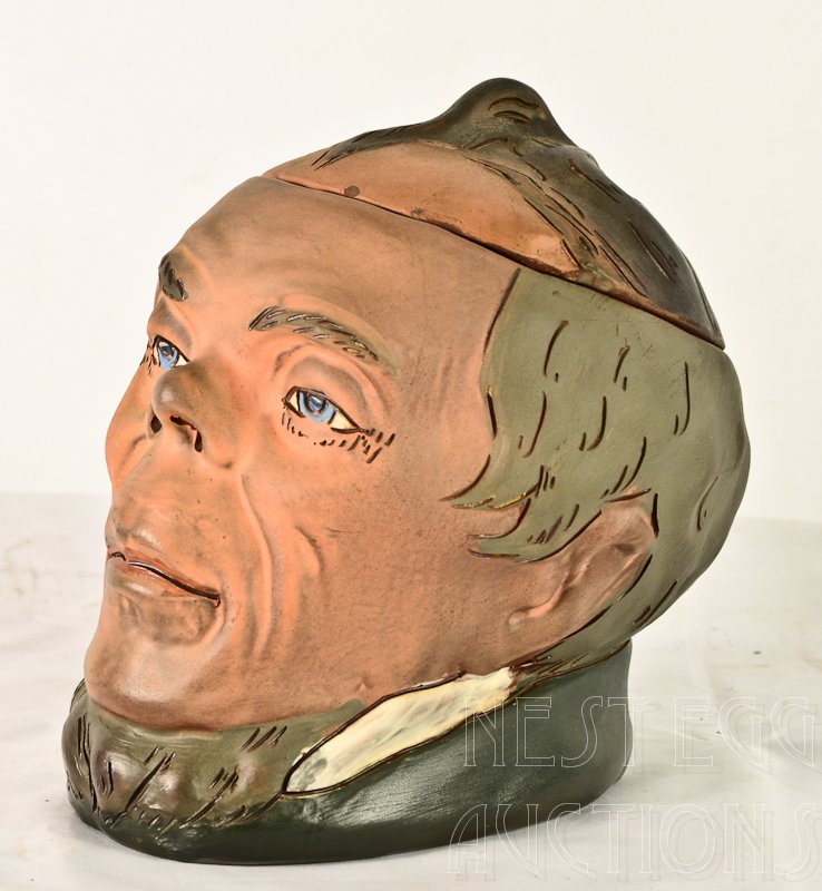 Weller Dickensware pottery tobacco humidor: "The Irishman" Signed under lid: Weller Dickens, Minor lid chipping, otherwise very good. approx 6" x 6"