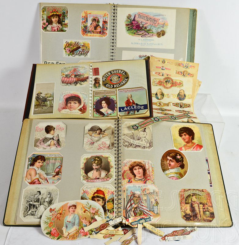 Large Collection of Cigar Box Labels and Bands: Extensive collection of Square and standard Cigar Box labels, some in superb condition, and some soaked off. Many Cigar bands, Trade Cards, etc. hundreds of pieces. After a careful count there are app