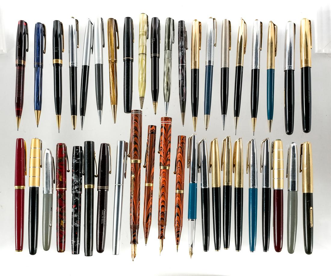 Waterman's Assorted Pens and Pencils: 42-piece group of early to mid 20th century fountain pens and mechanical pencils manufactured by Waterman's. Models include the "Ideal" and "Commando" among others. 2 incomplete pen and pencil sets (p