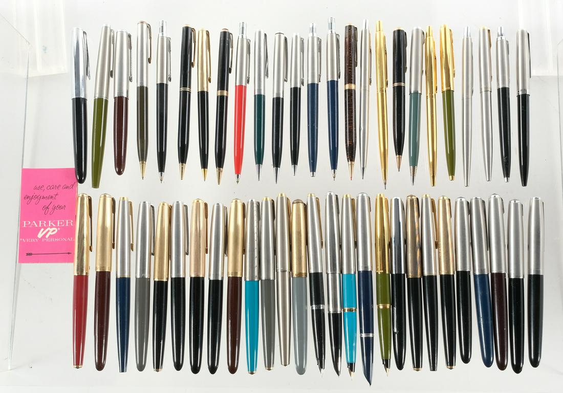 Parker Assorted Pens and Pencils: 52-piece group of mid 20th century fountain pens, rollerball/ballpoint pens and mechanical pencils manufactured by Parker. Included are 30 fountain pens, 6 rollerball/ballpoint pens and 16 mechanical 