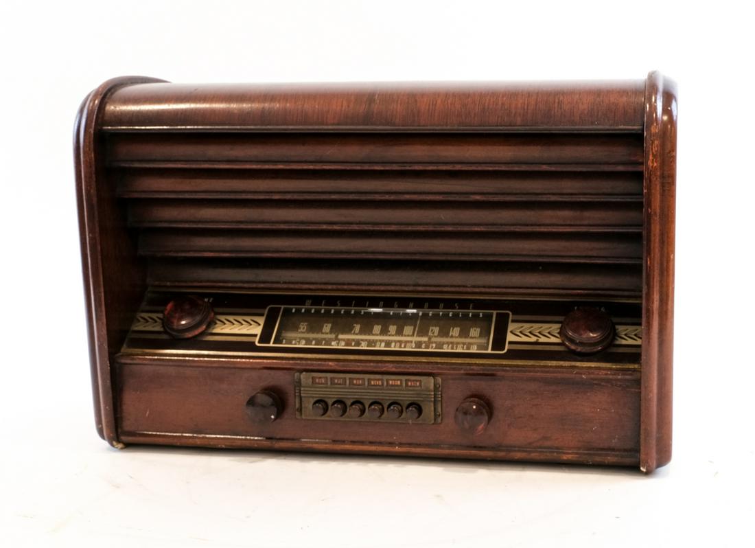 Westinghouse H-104 Radio: Manufactured in or around 1946. Tested. Works. However, the volume on the table top unit is very low. It should also be noted that this piece features a newer replacement power supply and the selector