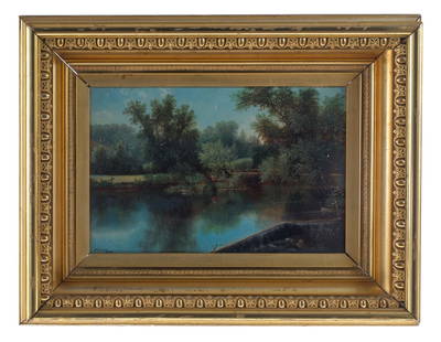 Nelson Augustus Moore Lanscape: N.A. Moore 1868 oil on canvas painting by Connecticut based artist Nelson Augustus Moore. Signed and dated at lower left. Art measures approximately 18 1/4" x 12". Gilt frame measures approximately 27