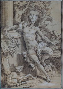 Old Master Style Drawing: 17th / 18th Century, French or Italian Old Master Style drawing of good age, iron ink, with white pigments, unsigned, framed under glass. depicting an angel (possibly Raphael?) keeping watch over a la