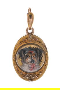 14K Victorian Essex Crystal Locket w/ Dog Portrait: Fabulous Rock Crystal Intaglio Carved and reverse painted portrait pendant in 14k Yellow and rose gold. Exhibition back, empty. 22 mm x 45 mm. Total weight: 12 grams / 7.8 dwt. Excellent Condition.