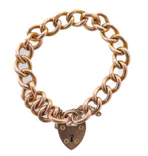 Antique 9K Rose Gold Charm Bracelet: Beautiful 9 CT Rose Gold Charm Bracelet with Heart shaped Pad Lock Clasp and safety chain. Beautiful condition, with some honest and gentle use. fits a 6.5" Wrist. 9mm width on the chain. Hallmarked 9