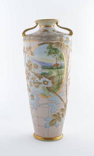 Nippon Hand Painted Porcelain Scenic Vase: Lovely porcelain vase measuring approximately 13 5/8" in height and 6" at its widest (with a 3 1/2" wide base). Stamped on the bottom with the studio's mark. In excellent condition with no visible not