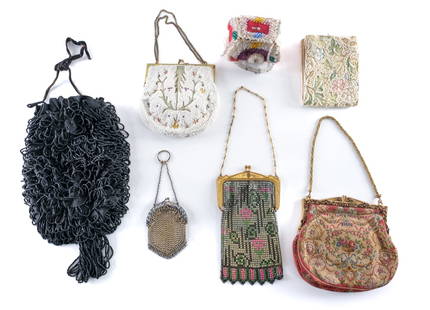 7 vintage ladies purses and wallet: 4 beaded articles, a black beaded drawstring purse, the lining is worn away. A white with design beaded purse by Longchampa of Belgium. A small handmade beaded box purse , very worn but interesting. A