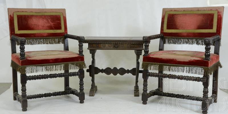 Antique English Arm Chairs and Table: Early 19th Century, older Christie's Auction tags present on back, Worn Upholstery and tassels fabric appears original. each chair: 36.5" x 25.25" x 21.5" Carved Jacobean table with