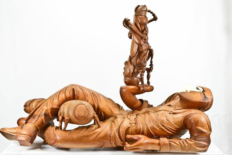 William Kent: Nature Lover #4 Carved Wood Sculpture: This monumental carving from 1961 and is carved of white pine with a mahogany grasshopper. Purchased by Walter Chrysler for the Chrysler Museum 1962 and later deaccessioned to a private collector. Wil