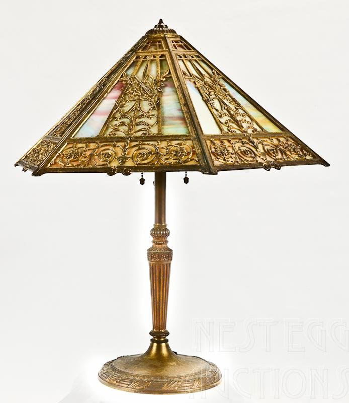 Multi Colored Miller 6 Panel Slag Glass Lamp: This is a great lamp! The shade is 6 panels of slag glass with almost the whole rainbow of color. The glass has shades of red, blue, yellow, white, green, orange,