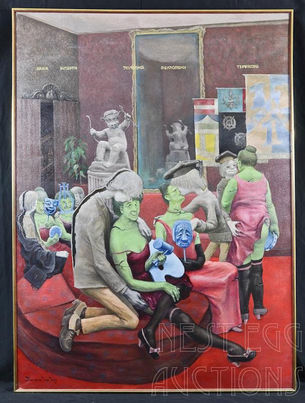 Stuyvesant Van Veen "The Pedagogue's Plight": Acrylic on canvas. "The Pedagogue's Plight," or " The Muses and the Liberal Arts" Signed front LL, and rear with title and gallery tag. dated 1967, Stuyvesant Van Ve