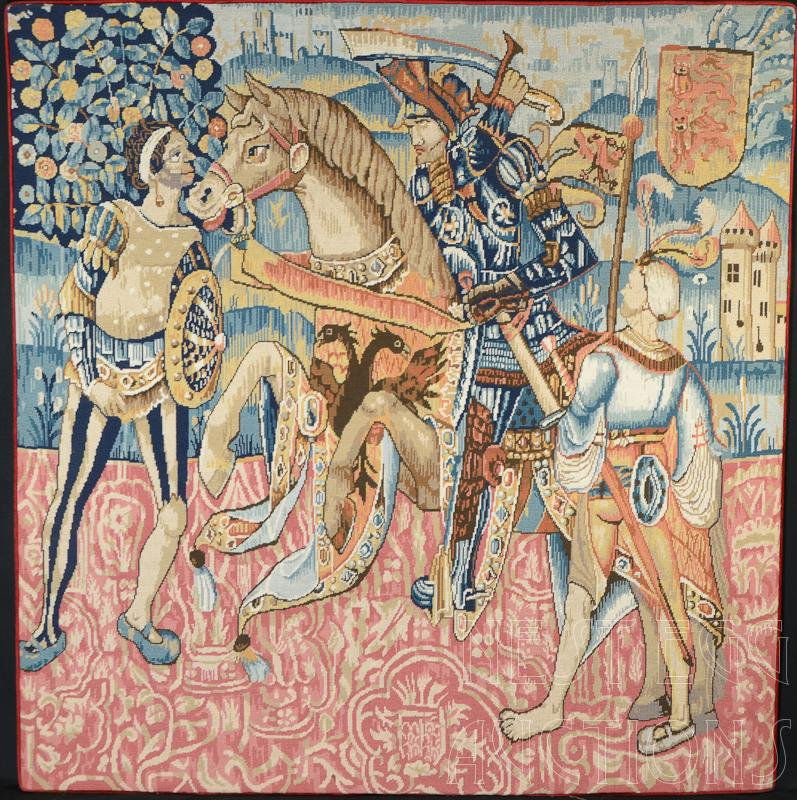 Embroidered Tapestry Art Medieval Scene