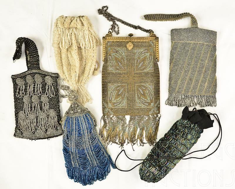 Six Piece Group of Vintage Beaded Purses: Beautiful lot of 6 vintage and antique beaded purses. Various shapes, styles, and sizes. All beautifully made. Wear is moderate, but appropriate from age and use.