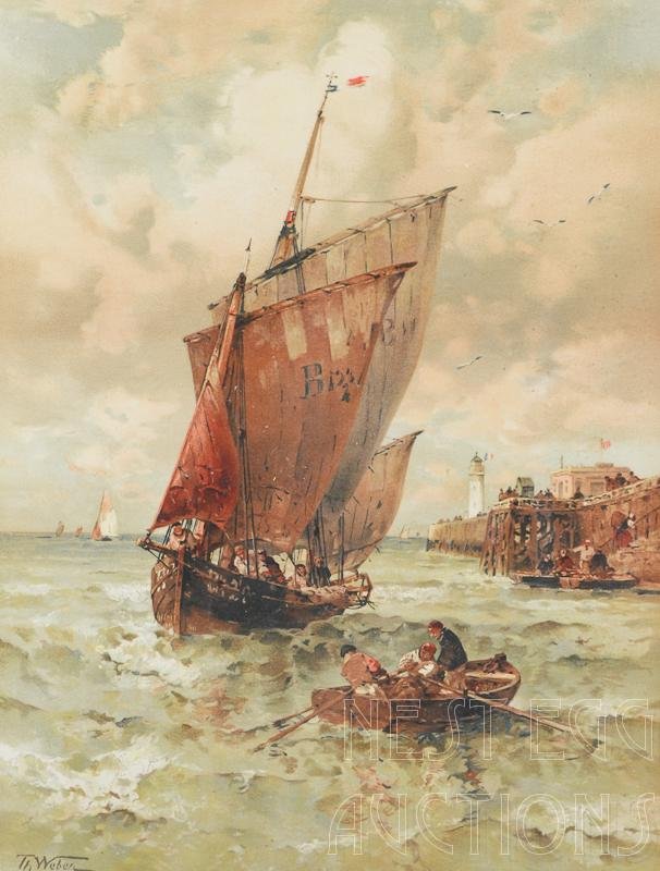 French Coastal Scene Watercolor Theodore Weber: Watercolor by Theodore Alexander Weber, (German, 1838-1907.) French coastal scene with ships, boats, lighthouse, fishing, and dock. Horizontal Foxing lines appear on front. Measures approx