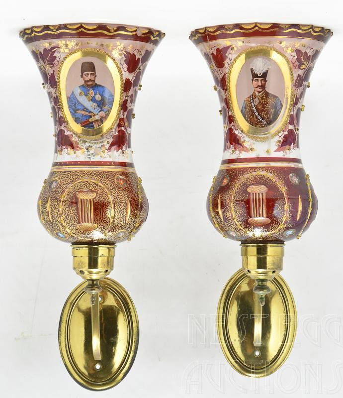 Pair of 19th C. Bohemian Lustre Sconces: Mounted as brass wall sconces or candle holder shades. Enamel painted, gilt, and ruby flash with portrait medallions in the Turkish style. each shade 13" total. One shade completely broken and re
