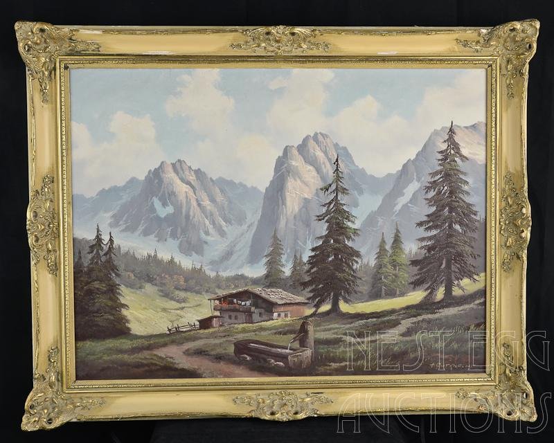 Oil on Canvas Anton Gutknecht Mountain Landscape: Oil on Canvas. Depicts a cabin in a mountain valley. Anton Gutknecht, 1907-1988. Nice condition overall. Measures approximately 28" x 36" 