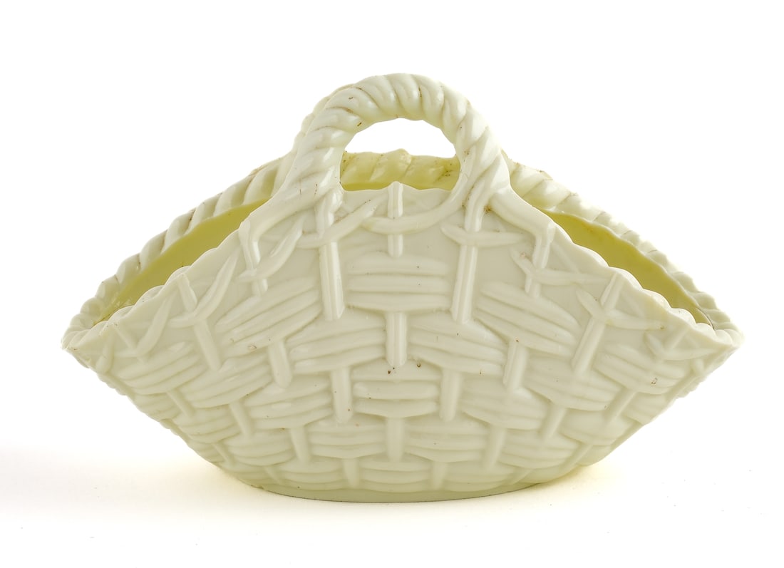 Sowerby Basket Master Salt: A Sowerby basket form master salt, with crimped sides and handles. In excellent condition. 4 1/2" X 2 3/4" X 1 1/2"