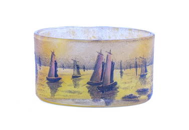 Daum Nancy Enameled Boat Scene Open Salt