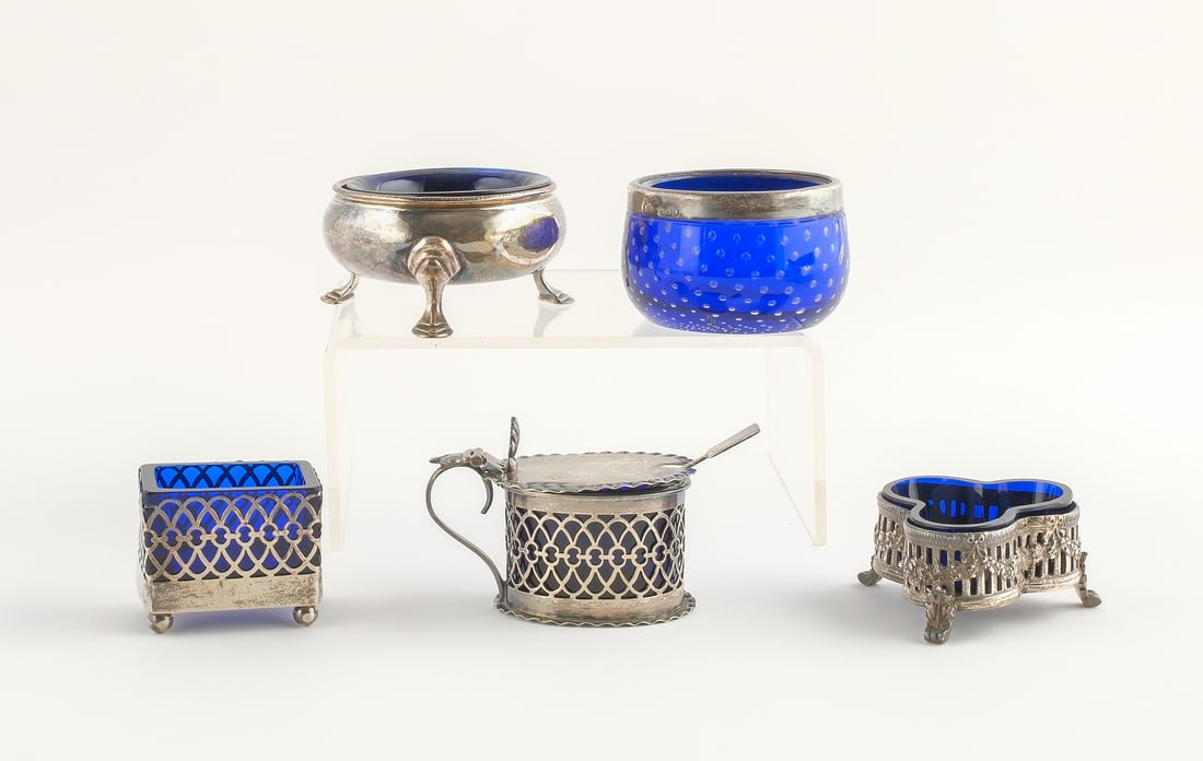 5 Sterling Silver and Cobalt Glass Salt Cellars (1 of 4)