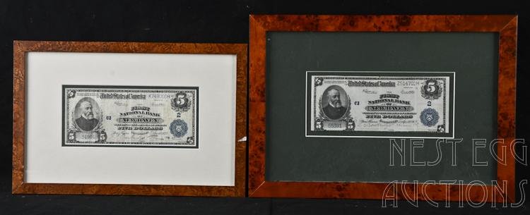Two New Haven National Currency $5 Dollar Notes: Two $5 notes of New Haven National Currency. First National Bank Of New Haven (1922). Condition issues include creases, toning, and wrinkles of varying degrees. Archival Frame.