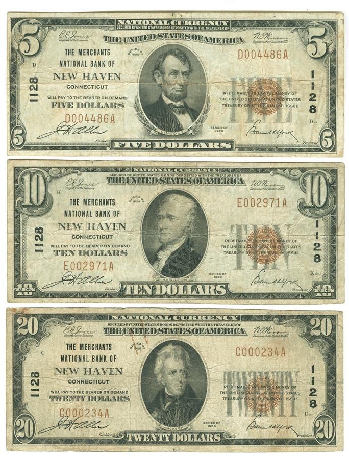 Three New Haven Connecticut National Currency Notes: Three New Haven Connecticut National Currency Notes, lot includes: The Merchants National Bank of New Haven, Connecticut $5 note. 1929. Charter 1128, type one. Lincoln. Creases,and toning. The Merchan